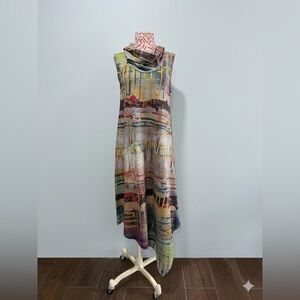 Inoah Wearable Art Cowl Neck Asymmetrical Midi Dress Abstract Graphic Print XS